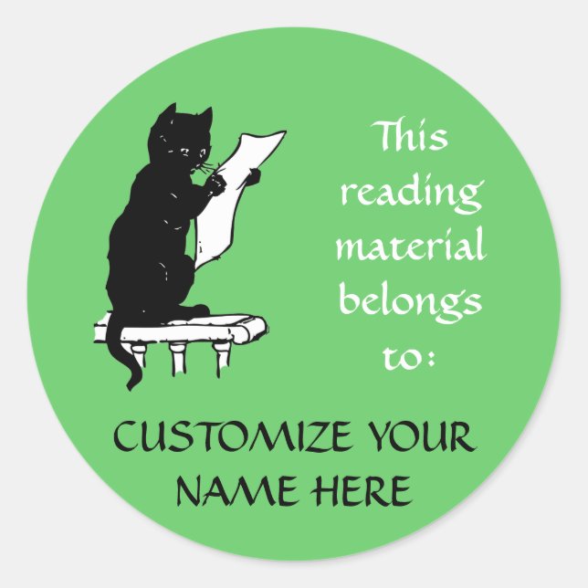 Large Reading Cat Bookplate Sticker in Light Green (Front)