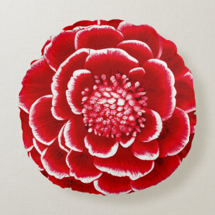 Large Red and White Dahlia Flower Round Cushion