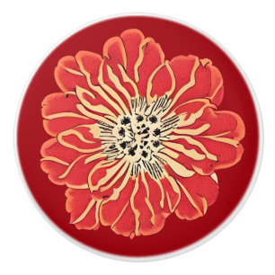 Large Red Art Nouveau Flower Ceramic Knob
