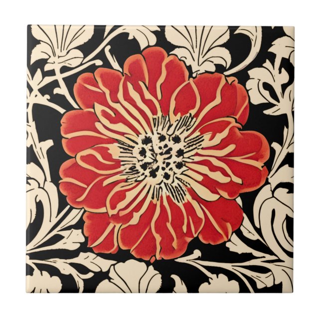 Large Red Art Nouveau Flower  Ceramic Tile (Front)