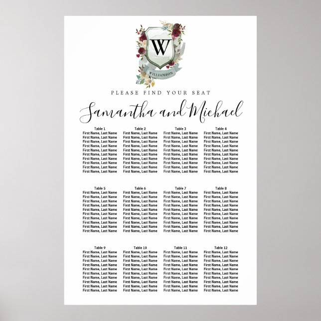 Large Red Floral Crest 12-Table Seating Chart (Front)