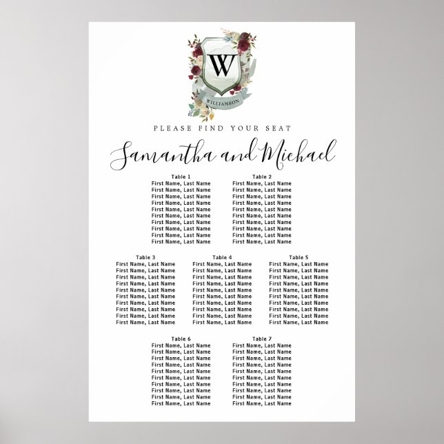 Large Red Floral Crest 7-Table Seating Chart (Front)