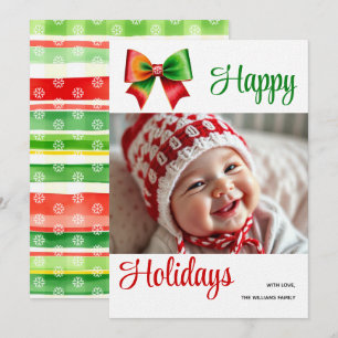 Large red, green bow and stripes Christmas photo Holiday Card