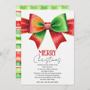 Large red, green bow, snowflakes Merry Christmas  Holiday Card