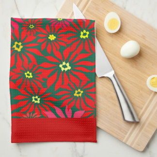 Large Red Poinsettia Flowers on Green Red Borders Tea Towel