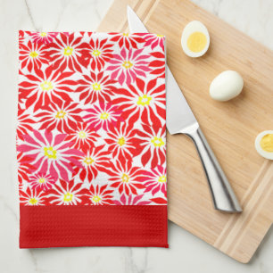 Large Red Poinsettia Retro Floral Pattern Kitchen  Tea Towel