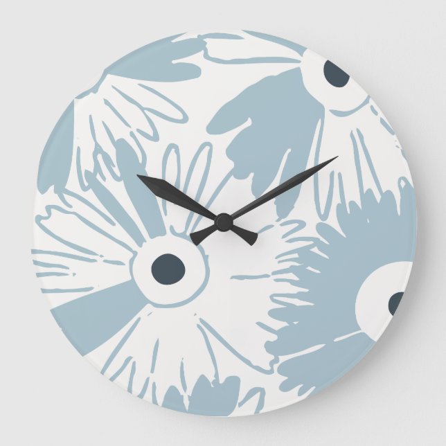 Large Retro Daisy Flower Power Dusty Sky Blue Clock (Front)