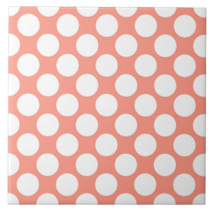 Large retro dots - coral pink and white ceramic tile
