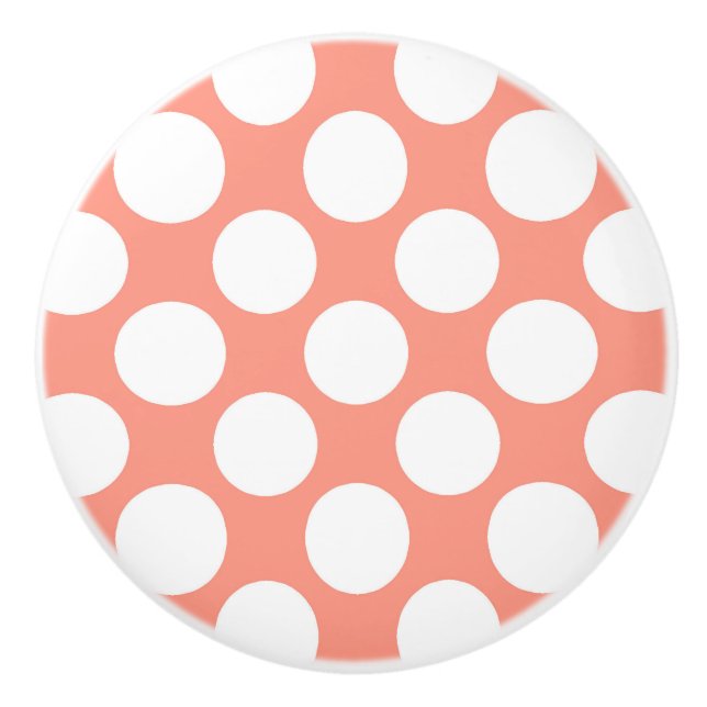 Large retro dots - white and coral pink ceramic knob (Front)