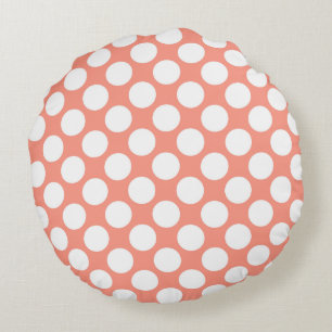 Large retro dots - white and coral pink round cushion
