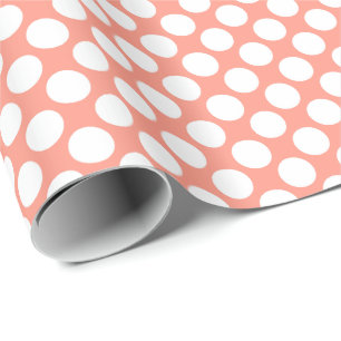 Large retro dots - white and coral pink wrapping paper
