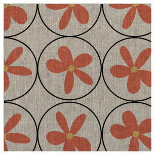 Large Retro Peach Floral - Natural Linen Fabric