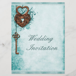 Large Romantic Hearts Lock and Key Teal Wedding Invitation