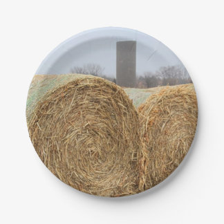 Large Round Hay Bales in a Farm Field Paper Plate