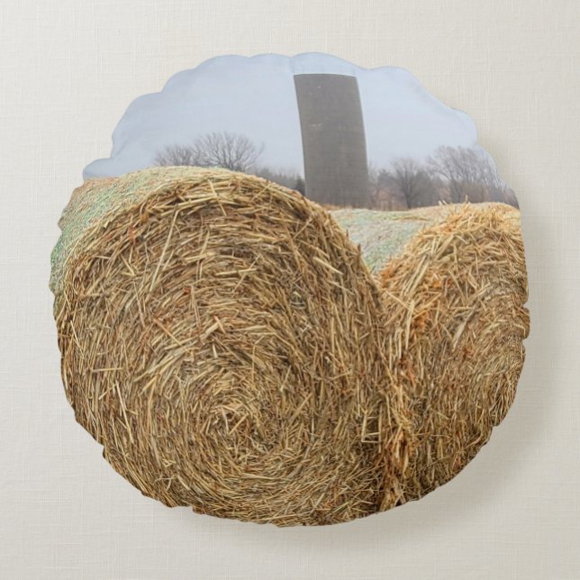 Large Round Hay Bales in a Farm Field Round Cushion (Front)