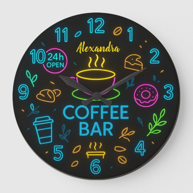 Large Round Personalized Coffee Bar Neon Sign Large Clock (Front)