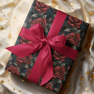 Large Scale Red and Green Roses Moody Dark Floral Wrapping Paper