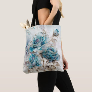 Large Scale Turquoise and Gold Roses Tote Bag