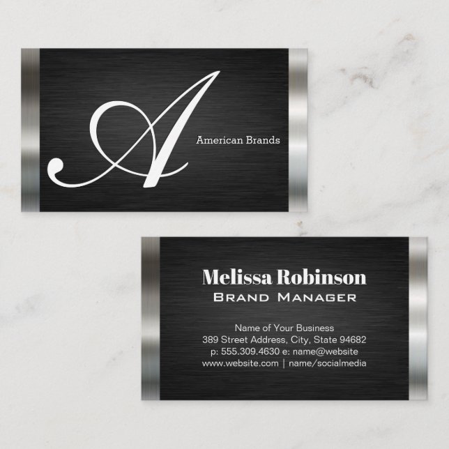 Large Script Monogram | Black Silver Business Card (Front/Back)