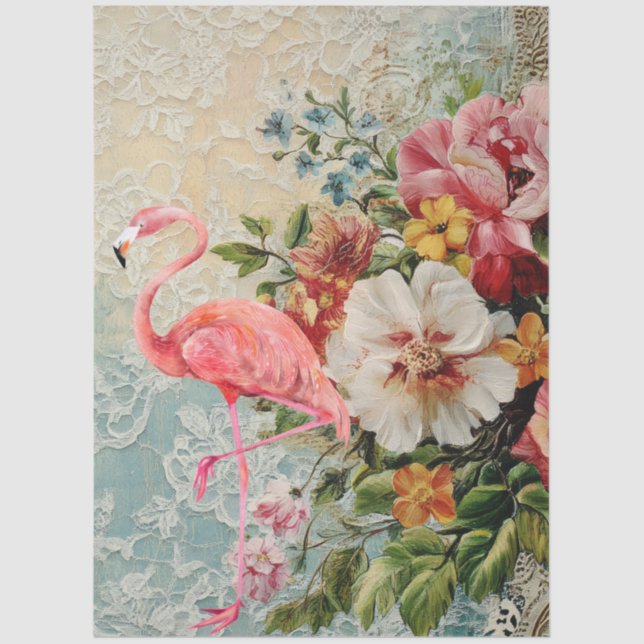Large Shabby Chic Pink Flamingo Floral Decoupage  Tissue Paper (Front)