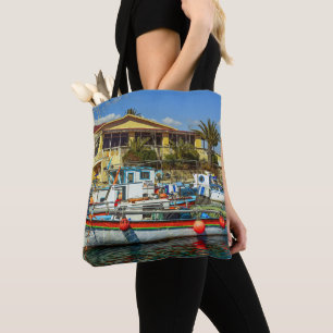 Large Shopping Grocery Tote Bag Fishing Boats Dock