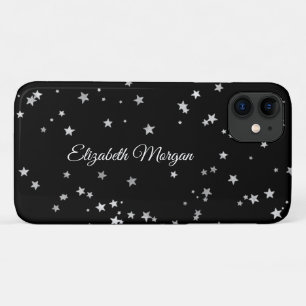Large Silver Stars on Black, White Script Name iPhone 11 Case