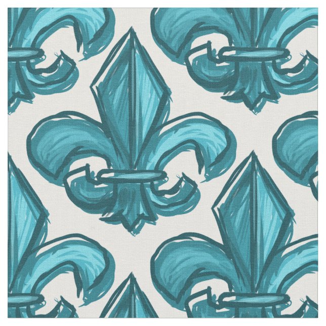 Large Sketch Fleur De Lis Pattern Dark Cyan Fabric (Close Up)