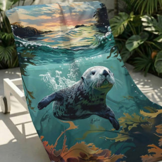 Large & Soft Cute Colourful Sea Otter Beach Towel
