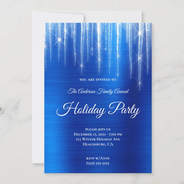 Large Sparkly Icicles Royal Blue Foil Holiday Invitation (Front)