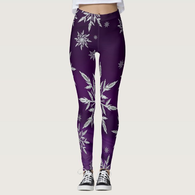 Large Sparkly Silver Snowflakes on Purple Leggings (Front)