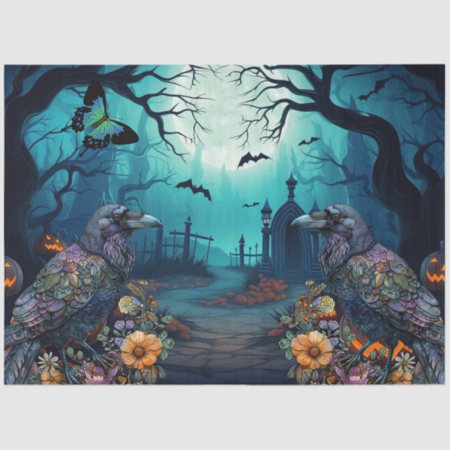 Large Spooky Raven Haunted Halloween Decoupage Tissue Paper (Front)