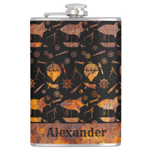 Large Steampunk Colourful Rusty Airship Theme Hip Flask