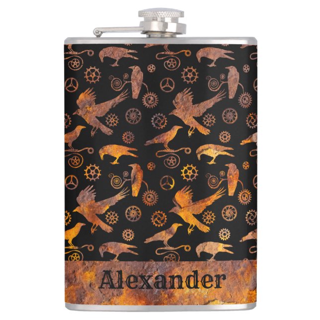 Large Steampunk Colourful Rusty Gears and Crows Hip Flask (Front)