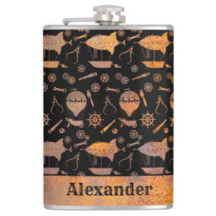 Large Steampunk Rusty Airship Theme Custom Name Hip Flask