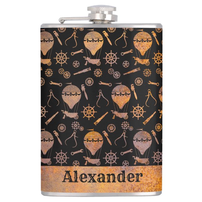 Large Steampunk Rusty Balloons Theme Custom Name Hip Flask (Front)