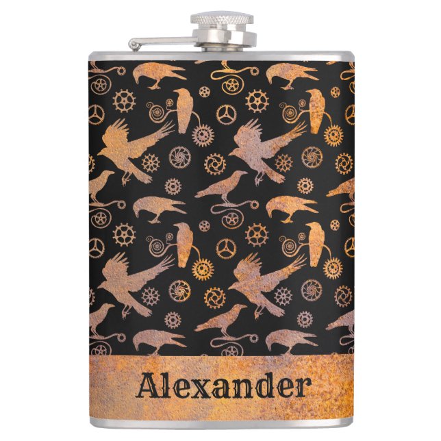 Large Steampunk Rusty Gears and Crows Custom Name Hip Flask (Front)