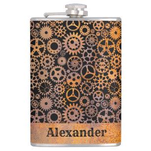 Large Steampunk Rusty Gears Custom Name Hip Flask