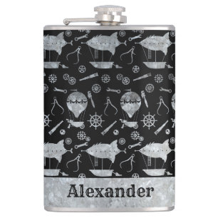 Large Steampunk Silver Zinc Airship Custom Name Hip Flask