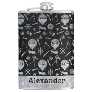 Large Steampunk Silver Zinc Balloons Custom Name Hip Flask