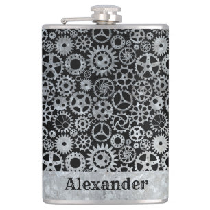 Large Steampunk Silver Zinc Gears Custom Name Hip Flask