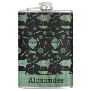 Large Steampunk Verdigris Airship Theme Custom Hip Flask