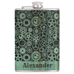 Large Steampunk Verdigris Bronze Gears Custom Name Hip Flask