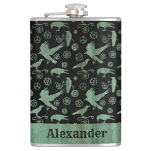 Large Steampunk Verdigris Gears and Crows Custom Hip Flask