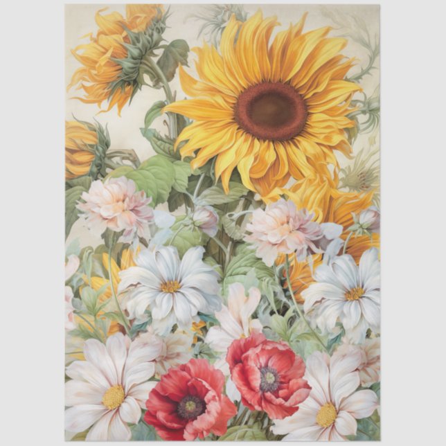 Large Sunflower & Poppies Bouquet Decoupage Tissue Paper (Front)