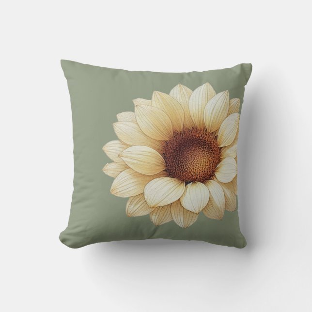 Large Sunflower Sage Green Throw Pillow (Front)