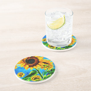 Large Sunflowers Watercolor nature painting Coaster