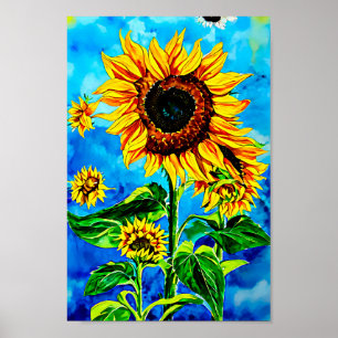 Large Sunflowers Watercolor nature painting Poster