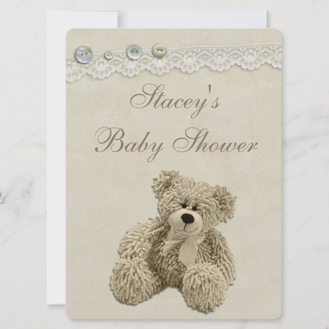 Large Teddy Bear Vintage Lace Baby Shower Invitation (Front)