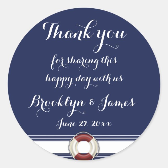 Large Thank You Blue Nautical Wedding Stickers (Front)