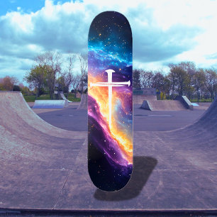 Large Three Nails Cross Purple Galaxy Christian Skateboard